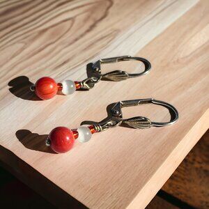 Red Stone and White Cats Eye Silver Plated Earrings
